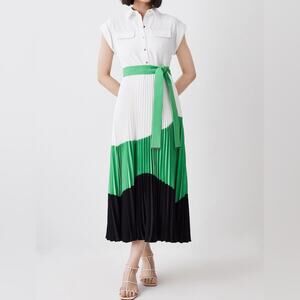 Karen Millen Color Block Pleated Woven Midi Shirt Dress Size: 12